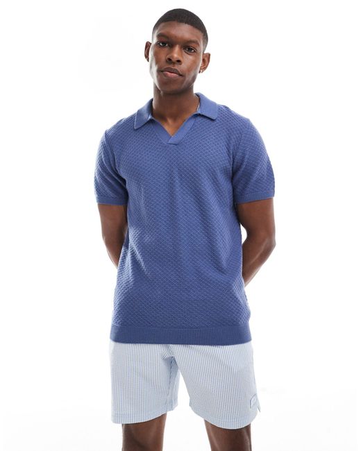 Hollister Blue Closed Stitch Raised Stripe Knit Polo for men