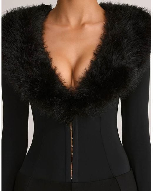 Oh Polly Black Lace Faux Fur Trim Long Sleeve Mini Short Playsuit