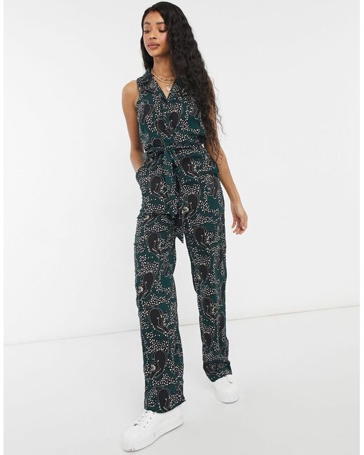 Monki Multicolor Janelle Belted Sleeveless Panther Print Jumpsuit
