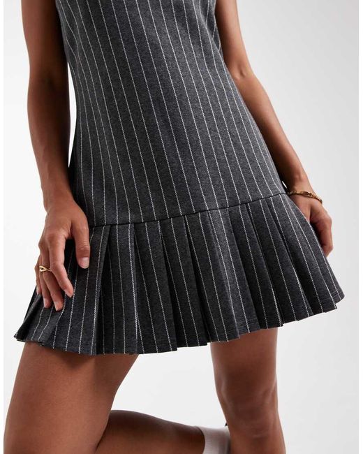 Miss Selfridge Black Pinstripe Pinny Dress With Drop Waist Pleated Hem
