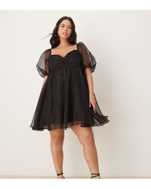 Lace & Beads Plus Black Puff Sleeve Organza Mini Dress
