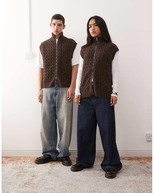 Reclaimed Vintage Brown Zip Through Cable Knitted Tank