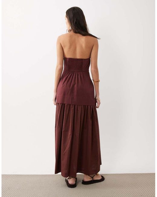 ASOS Brown Structured Cotton Bandeau Maxi Sundress With Dropped Waist Poplin Skirt