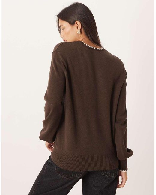 Threadbare Brown Crew Neck Jumper With Contrast Blanket Stitch