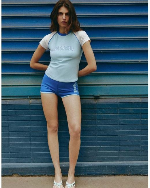 Pull&Bear Blue Argentina Graphic Ribbed Shorts