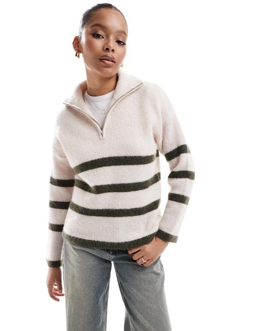Pull rayé en laine mérinos mélangée avec col zippé - crème/vert SELECTED en coloris Gray