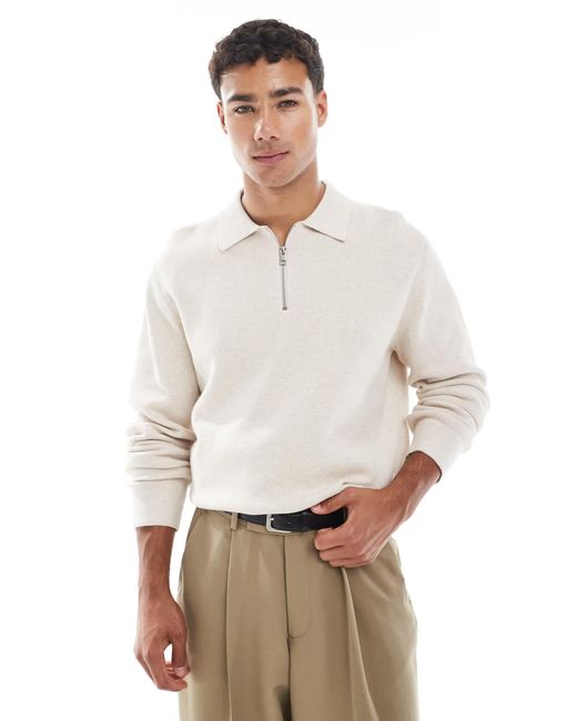 Jack & Jones White Premium Long Sleeve Knitted Polo With Quarter Zip for men