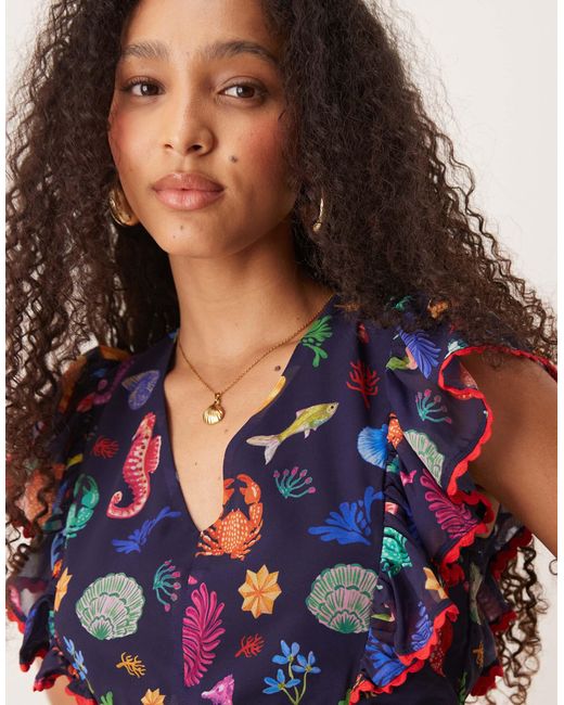 Hope & Ivy Blue Ruffle Sleeve Tie Back Cropped Top Co-Ord