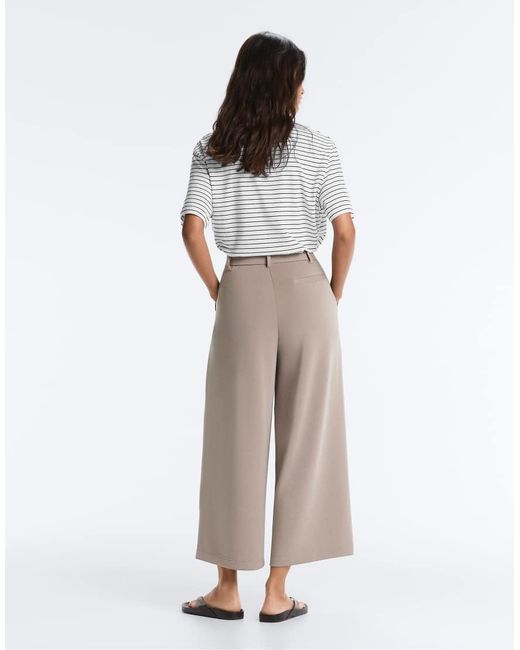 Oysho White Soft-touch Wide-leg Crop Trousers With Modal And Pleats