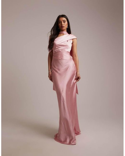 Six Stories Pink Bridesmaids Satin Drape One Shoulder Maxi Dress