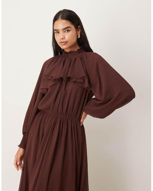 ASOS Brown High Neck Ruffle Detail Chiffon Maxi Dress