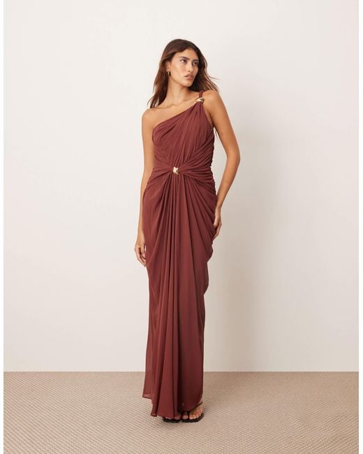 ARRANGE Pink One Shoulder Draped Twist Detail Maxi Dress With Metal Trim Detail