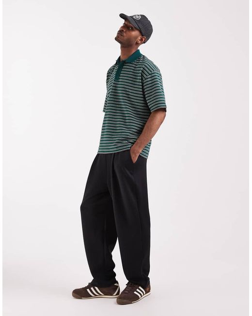 ASOS Black Heavyweight Relaxed Polo With Textured Stripe for men