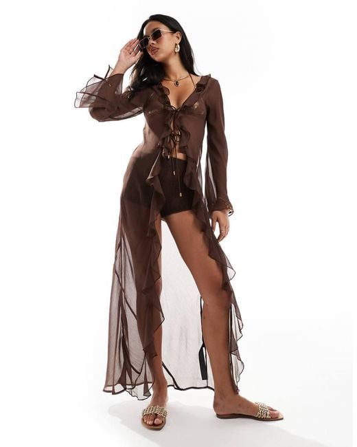Miss Selfridge Beach Frill Detail Maxi Kimono in Brown Lyst UK