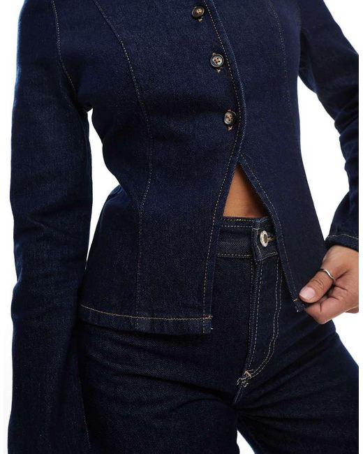 ASOS Blue Collarless Denim Jacket With Shoulder Pads And Cinched Waist