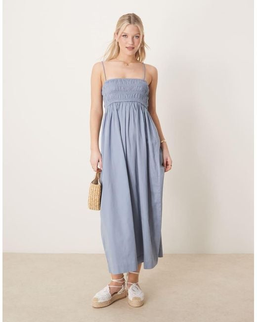 ASOS Blue Shirred Bust Cotton Sateen Maxi Sundress