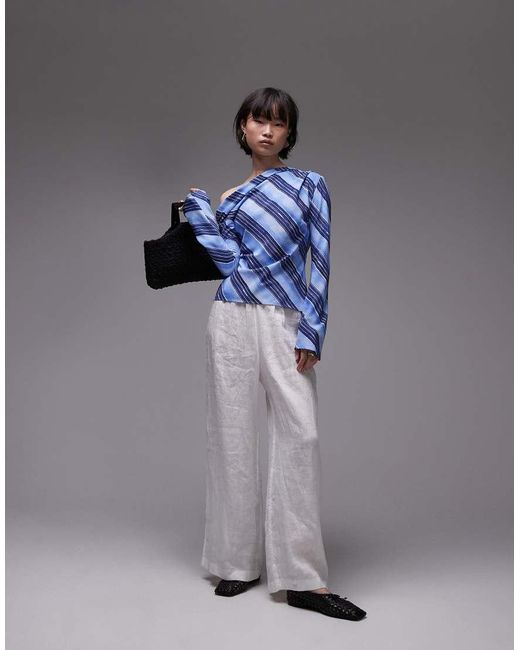Mango Blue Off The Shoulder Long Sleeve Striped Top