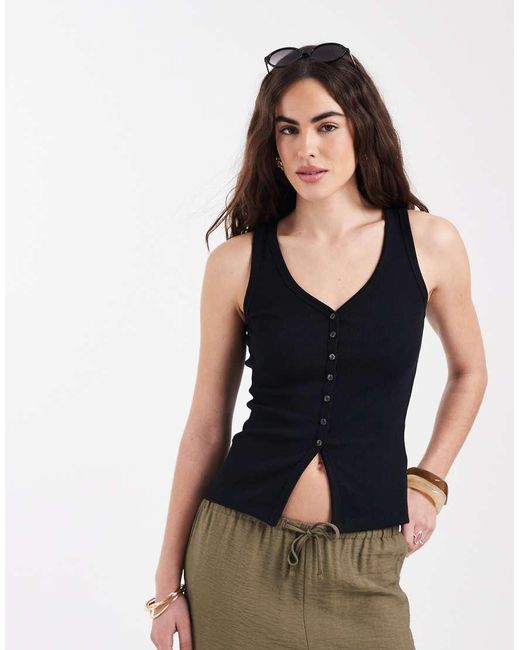 New Look Black V Neck Ribbed Button Through Top