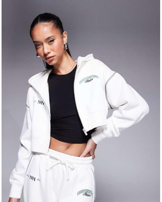 Good For Nothing White Co-ord Cropped Zipped Hoodie With Logo Back Print