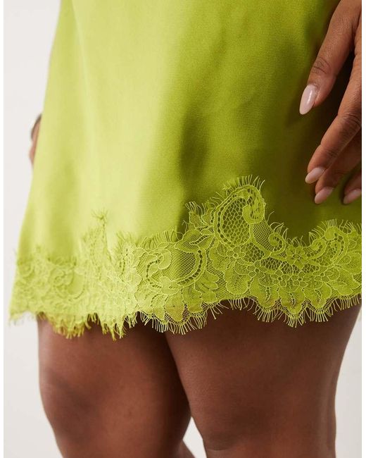 ASOS Yellow Asos Design Curve Slash Neck Satin Mini Dress With Lace Hem