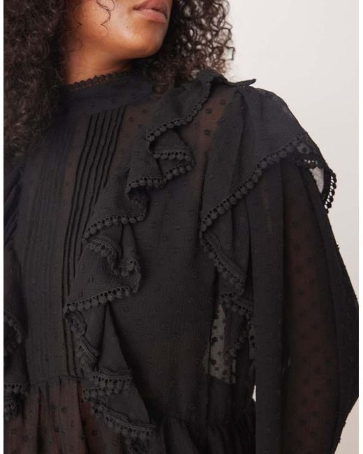 ASOS Black Asos Design Curve Ruffle And Embroidery Detail Long Sleeve Blouse