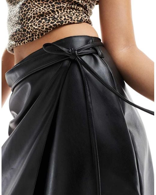 ASOS Black Leather Look Wrap Midi Skirt