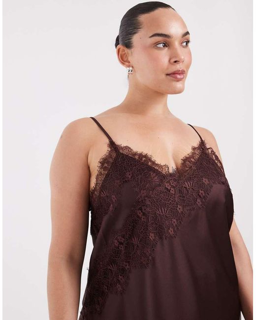 ONLY Brown Asymm Lace Hem Satin Cami Top