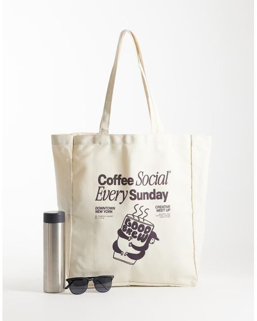 Jack & Jones White Canvas Tote Bag With Coffee Print for men