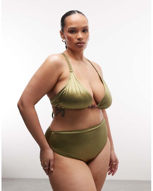 ASOS Green Asos Design Curve Keira High Shine High Leg High Waist Bikini Bottom