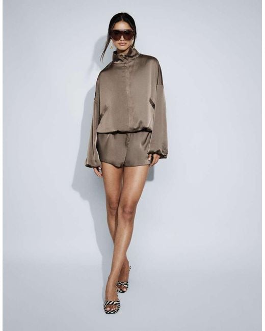 Missy Empire Brown Satin Funnel Neck Bubble Hem And Sleeve Playsuit