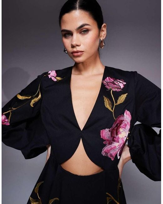 ASOS Black Cut Out Mini Dress With Floral Embroidery