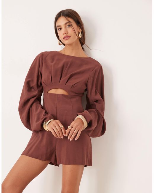 ASOS Brown Curved Sleeve Playsuit With Pleating Detail