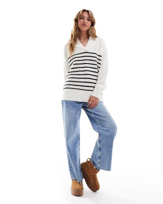 Threadbare White Collared V Neck Oversized Jumper