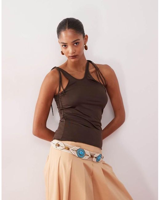 Monki Brown Asymmetric Tank With Tie Shoulder Detail