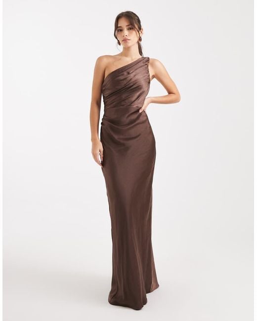 Pretty Lavish Brown Bridesmaids Juliet Satin Gathered One Shoulder Maxi Dress