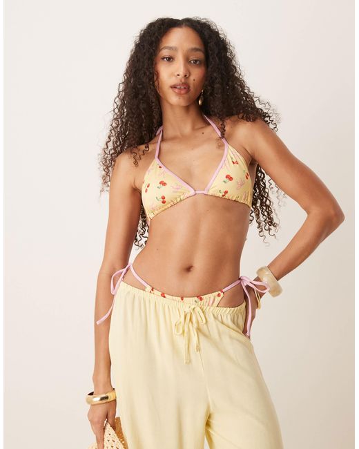 ASOS Natural Brielle Bow And Cherry Print Triangle Bikini Top