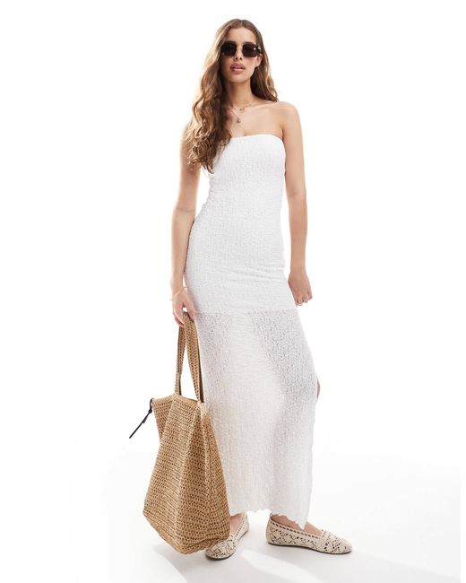 Bershka White – trägerloses, gesmoktes bodycon-maxikleid