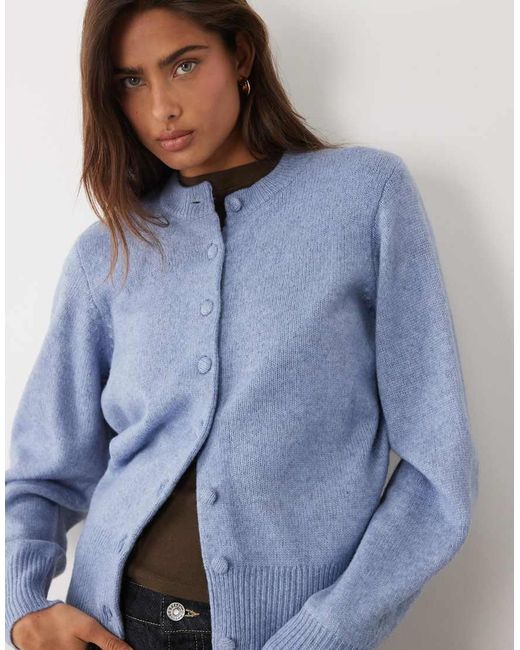 ASOS Blue Waisted Crew Neck Cardigan With Wool With Covered Buttons