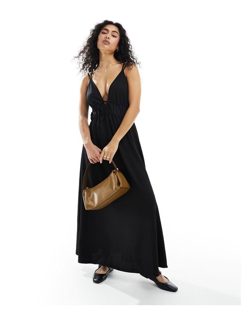 Y.A.S Black Textured Double Strap Tie Front Cami Maxi Dress
