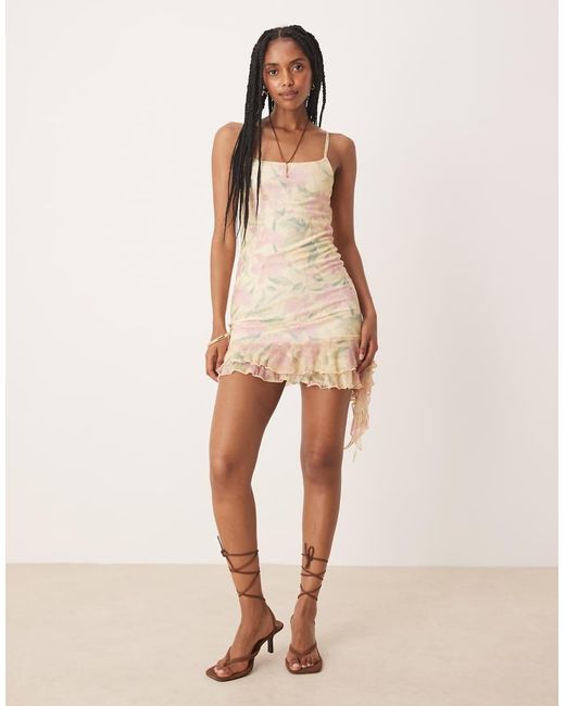 ASOS Natural Mesh Cowl Neck Mini Dress With Ruffle Hem