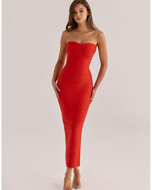 House Of Cb Red The Sweetheart Saffron Strapless V Waist Bandage Maxi Dress