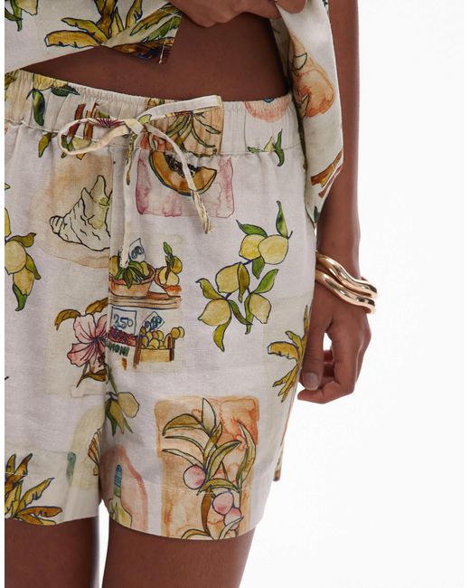 Short d'ensemble taille haute imprimé en lin à cordons TOPSHOP en coloris Natural