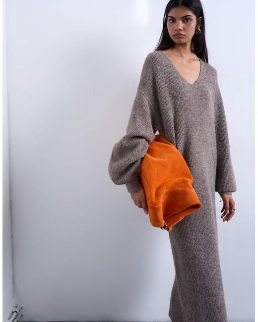 TOPSHOP Knitted V-neck Slouchy Midi Dress in White
