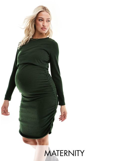 Mama.licious Green Mamalicious Maternity 2 Function Nursing Ruched Side Midi Dress