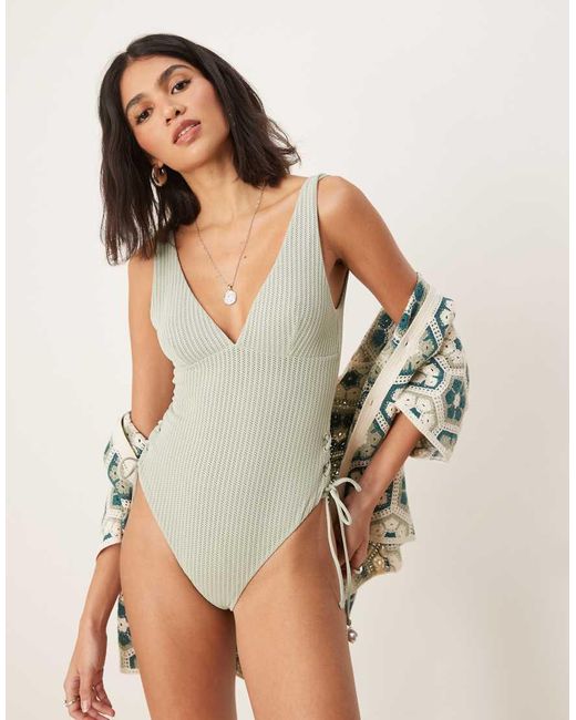 ASOS Natural Kai Textured Tie Side Swimsuit With Pearl Trim