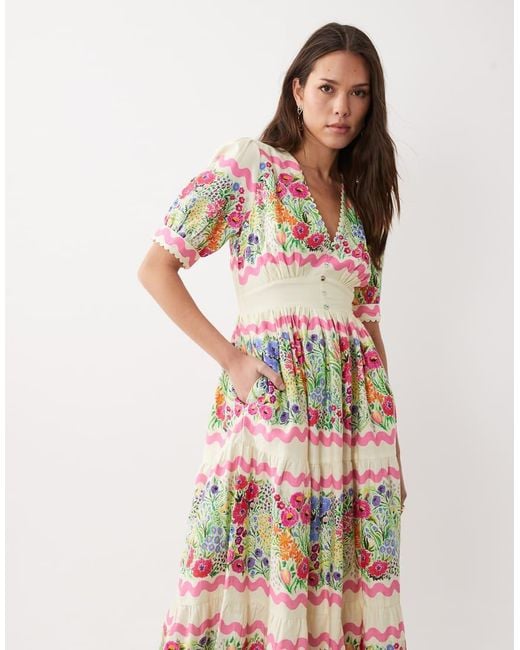 Hope & Ivy White Cotton V-neck Puff Sleeve Smock Midi Dress