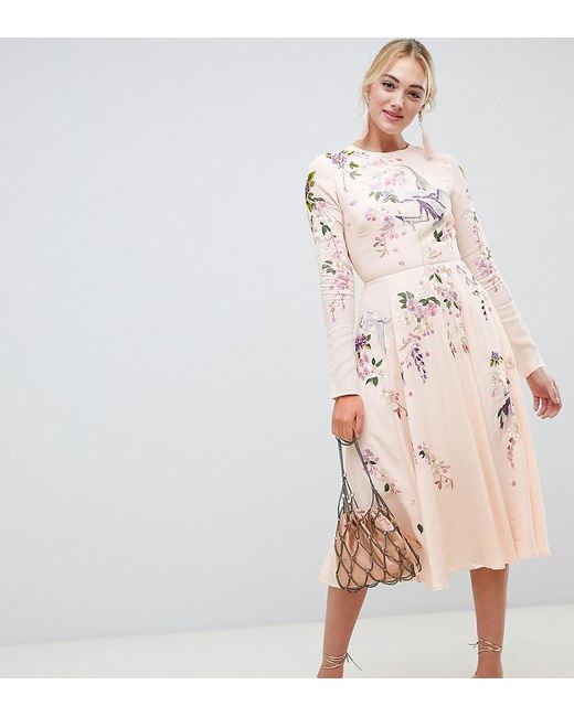 ASOS Pink Asos Design Tall Midi Dress With Pretty Floral And Bird Embroidery