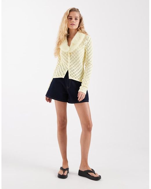 House Of Sunny White peggy Cardigan With Detachable Faux Fur Collar