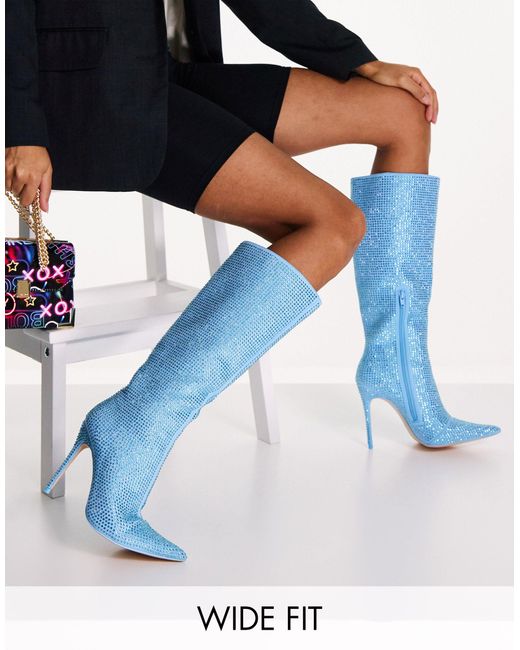 Public Desire Blue Lexi Knee High Heel Boots