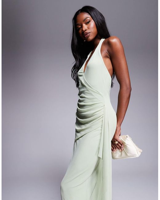 ASOS Purple Mesh Halterneck Midi Dress With Sweeping Sash Skirt